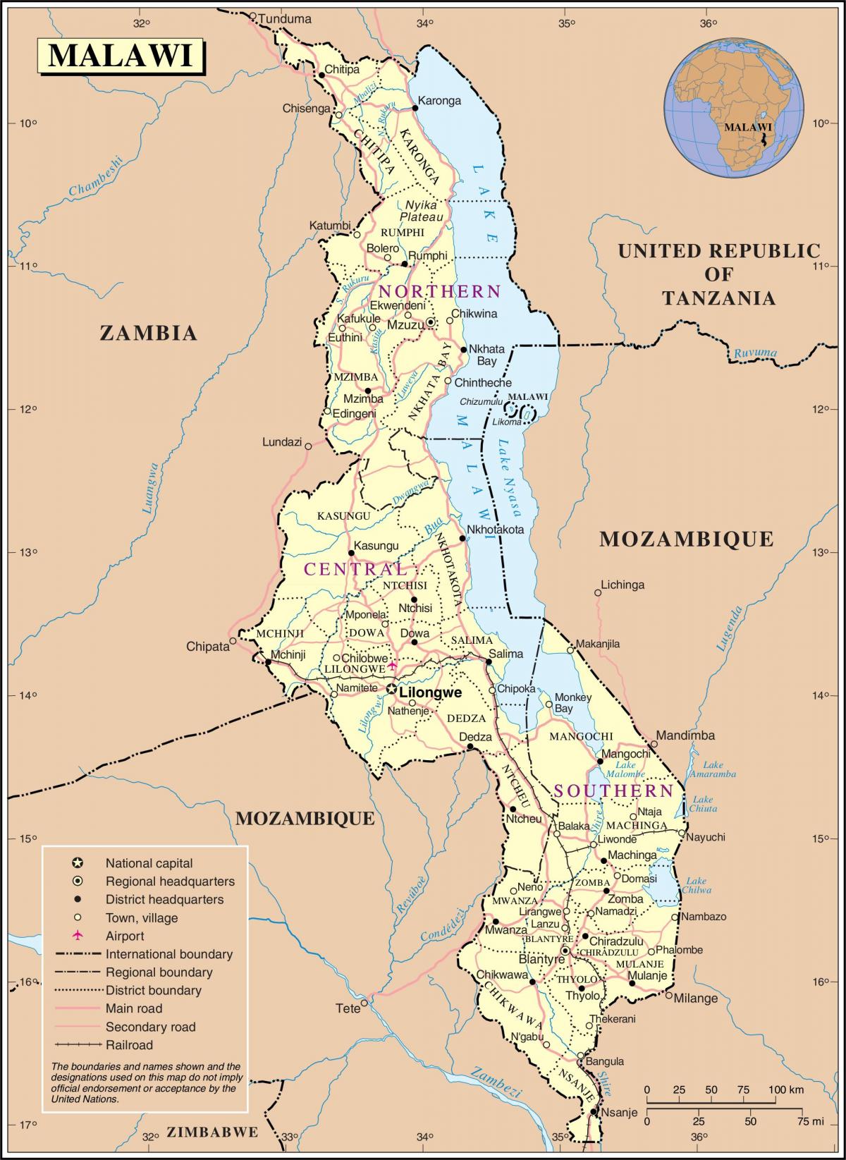 mapa de Malawi mostrando estradas